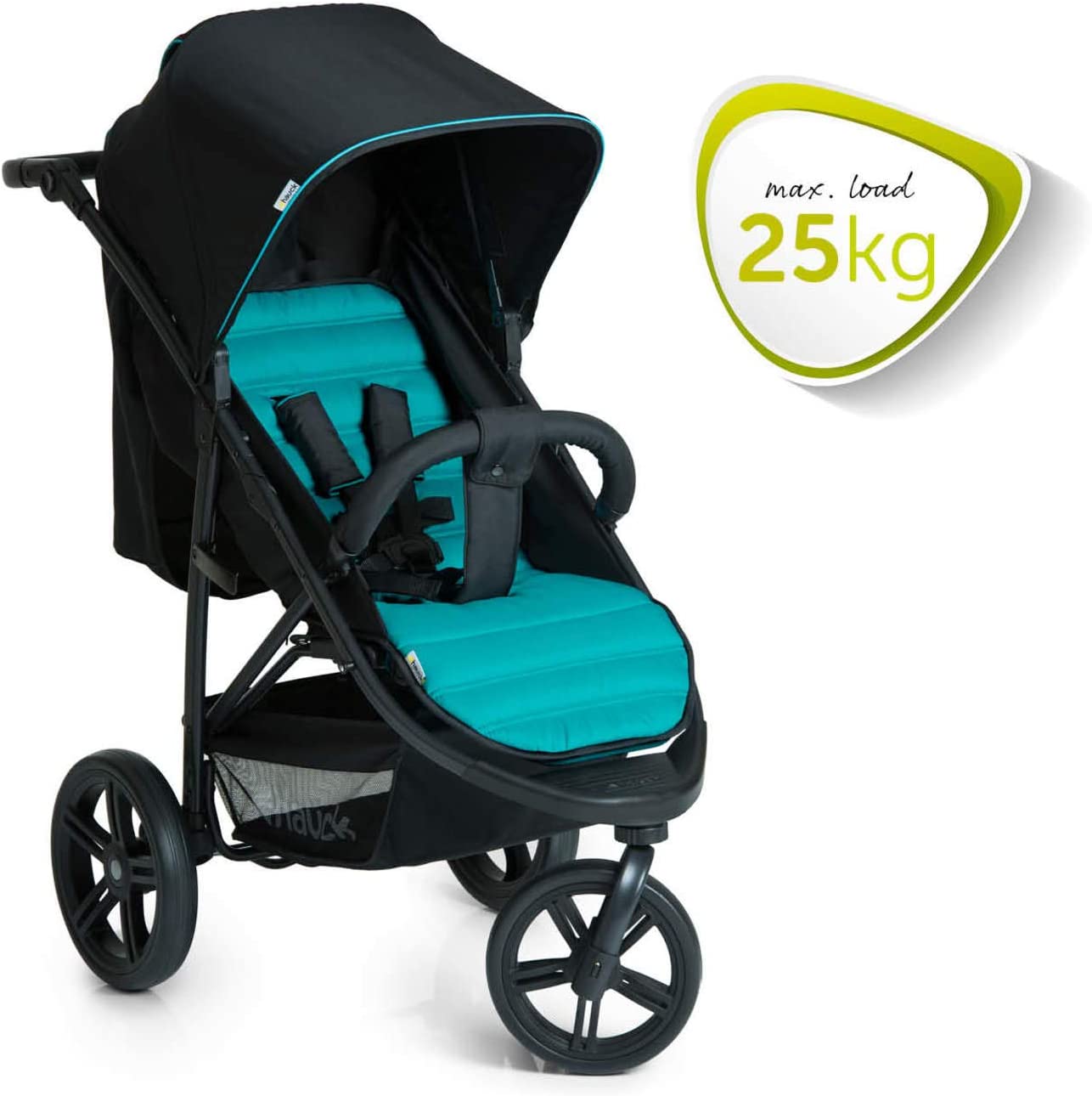 Hauck Poussette Citadine Trois Roues Rapid 3 / Jusqu’à 25 kg / Pliable compacte / Hauteur Réglable / Position Couchée dès la Naissance / Grandes Roues / Panier Achats / Noir Turquoise