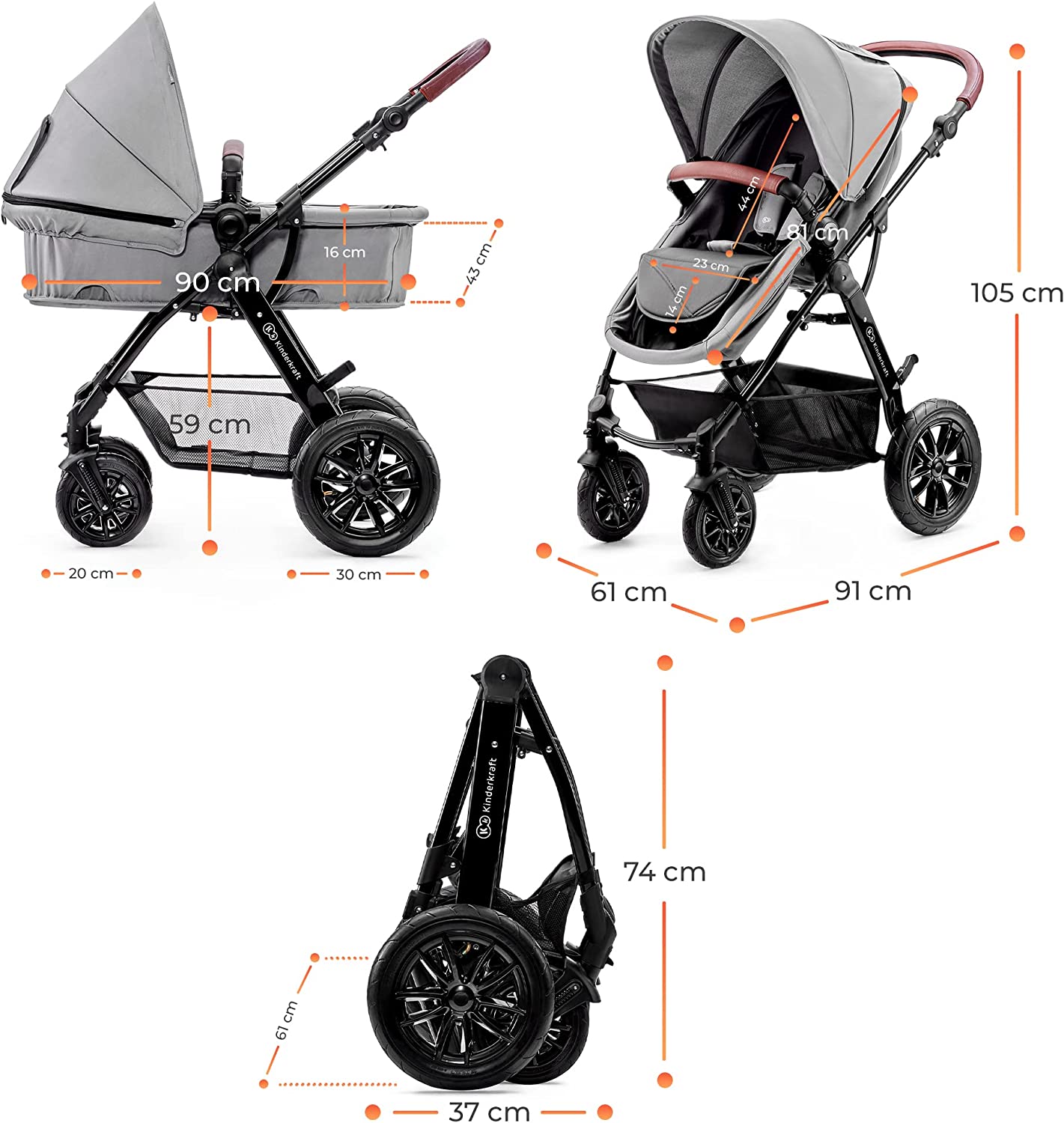 Kinderkraft Poussette 3 en 1 MOOV, Trio, Enfant, Siège Auto, Accessoires, Gris