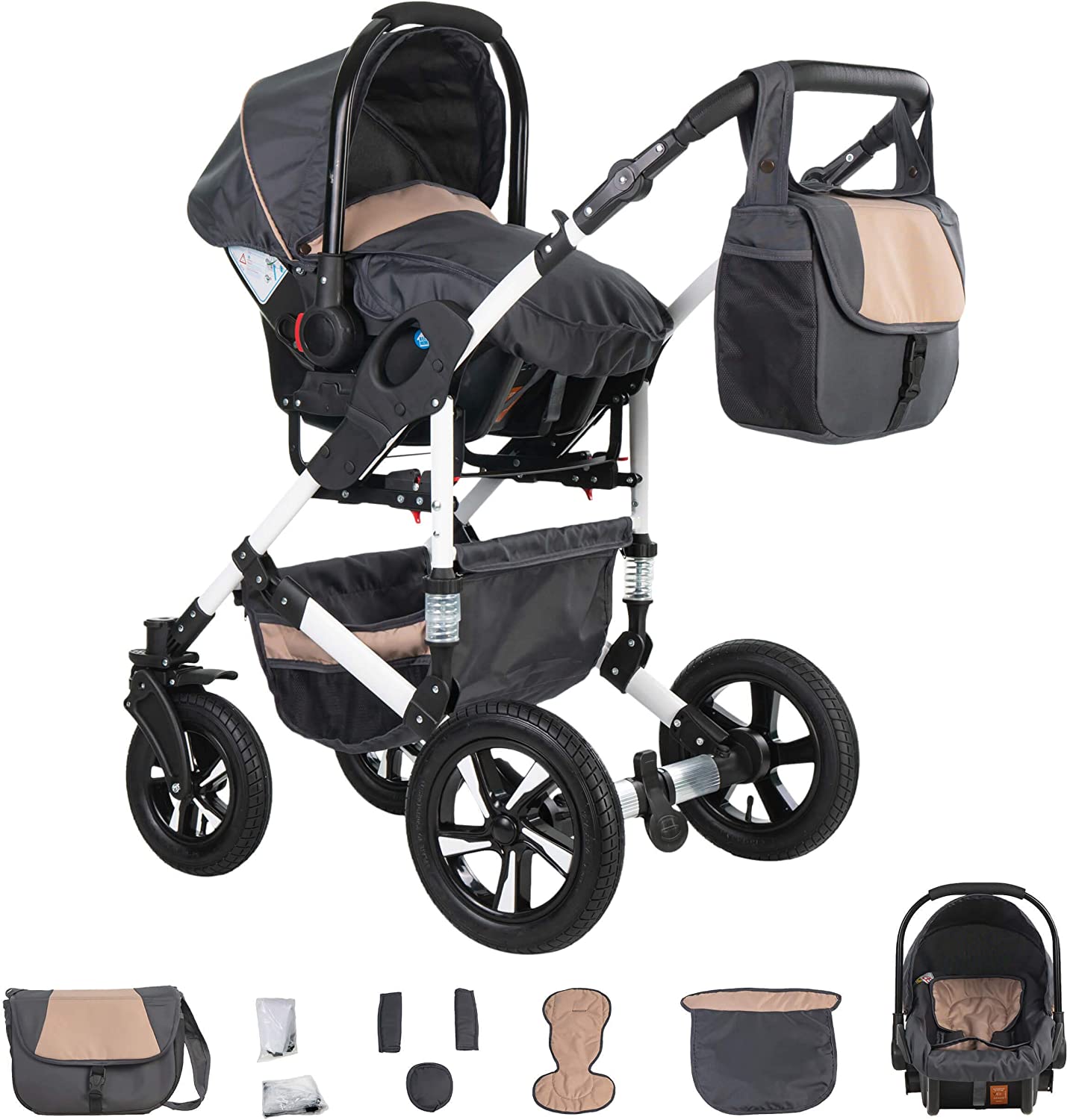 Friedrich Hugo Hamburg | 4 en 1 poussette combiné + ISOFIX | roue en gomme dur | Couleur: Grey & Beige