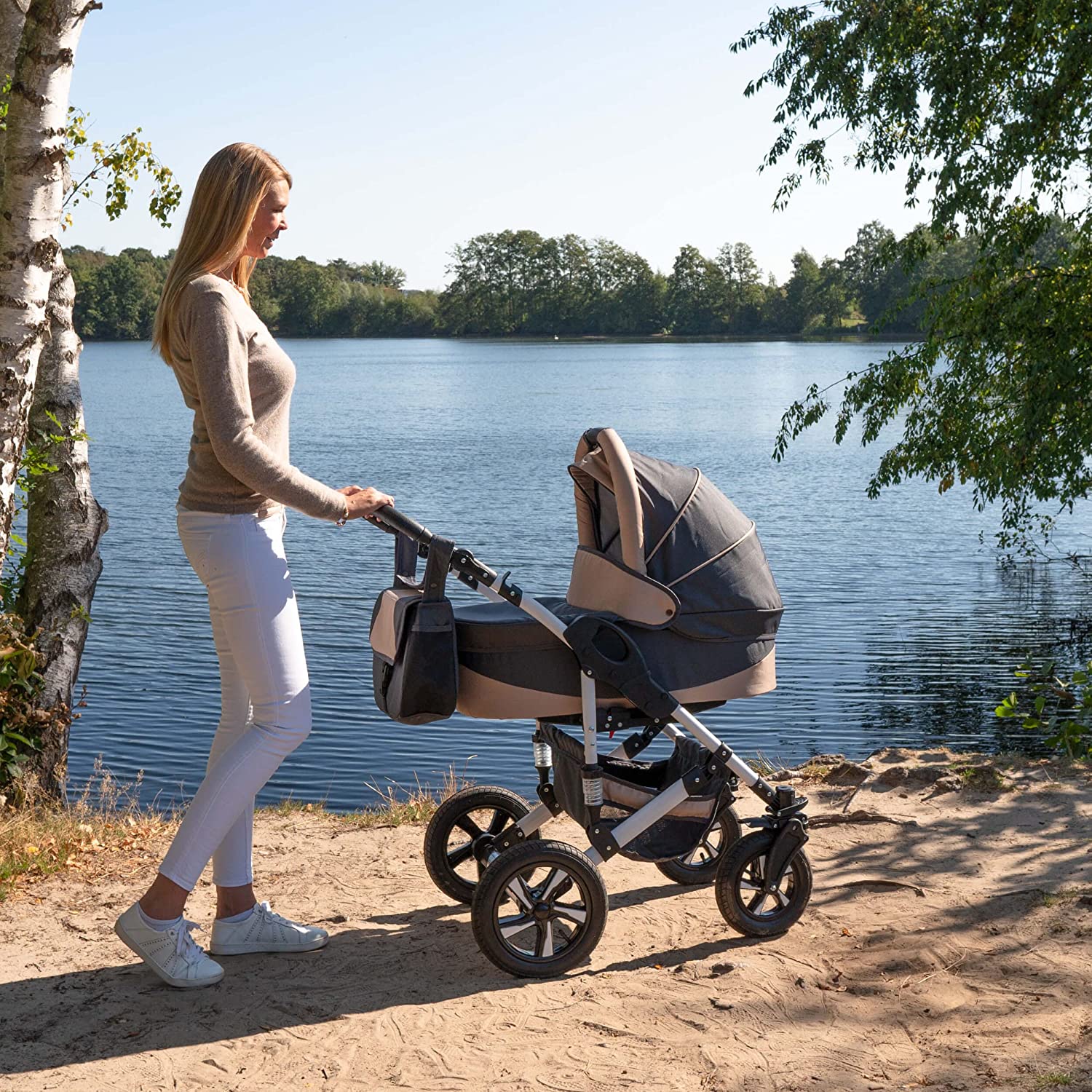 Friedrich Hugo Hamburg | 4 en 1 poussette combiné + ISOFIX | roue en gomme dur | Couleur: Grey & Beige