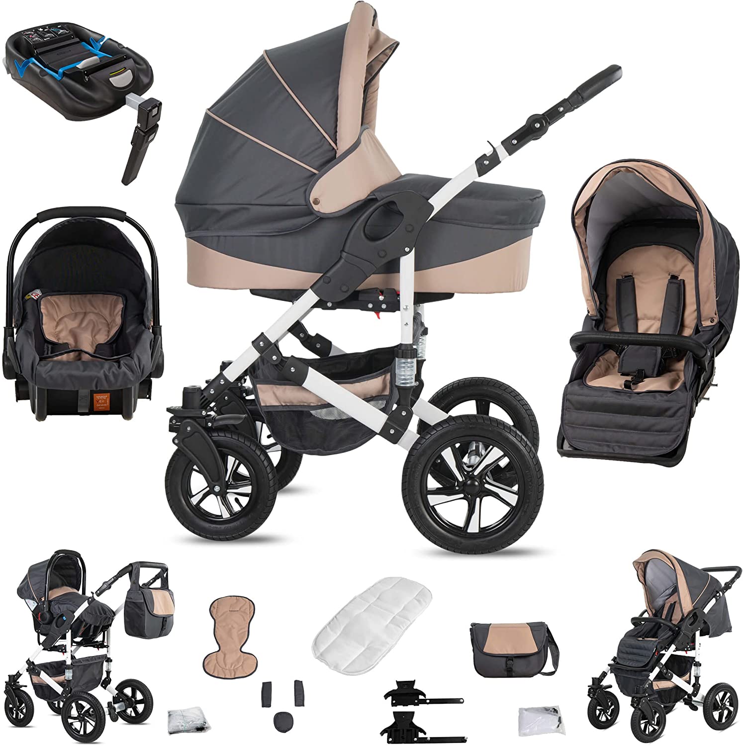 Friedrich Hugo Hamburg | 4 en 1 poussette combiné + ISOFIX | roue en gomme dur | Couleur: Grey & Beige