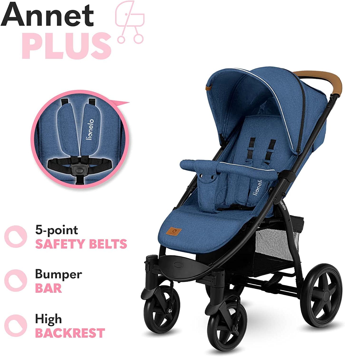 LIONELO Annet Plus poussette bebe à 22 kg, auvent avec fenêtre, roues EVA, chancelière moustiquaire porte-gobelet, réglage du dossier jusqu’à la position couchée (Bleu, PLUS)