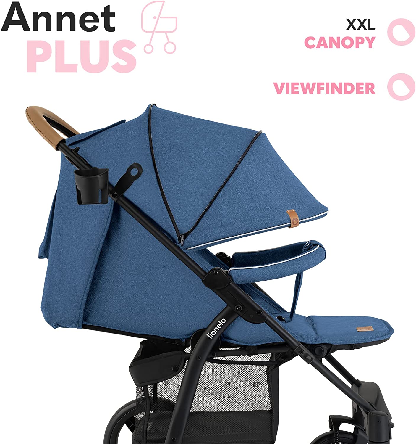 LIONELO Annet Plus poussette bebe à 22 kg, auvent avec fenêtre, roues EVA, chancelière moustiquaire porte-gobelet, réglage du dossier jusqu’à la position couchée (Bleu, PLUS)