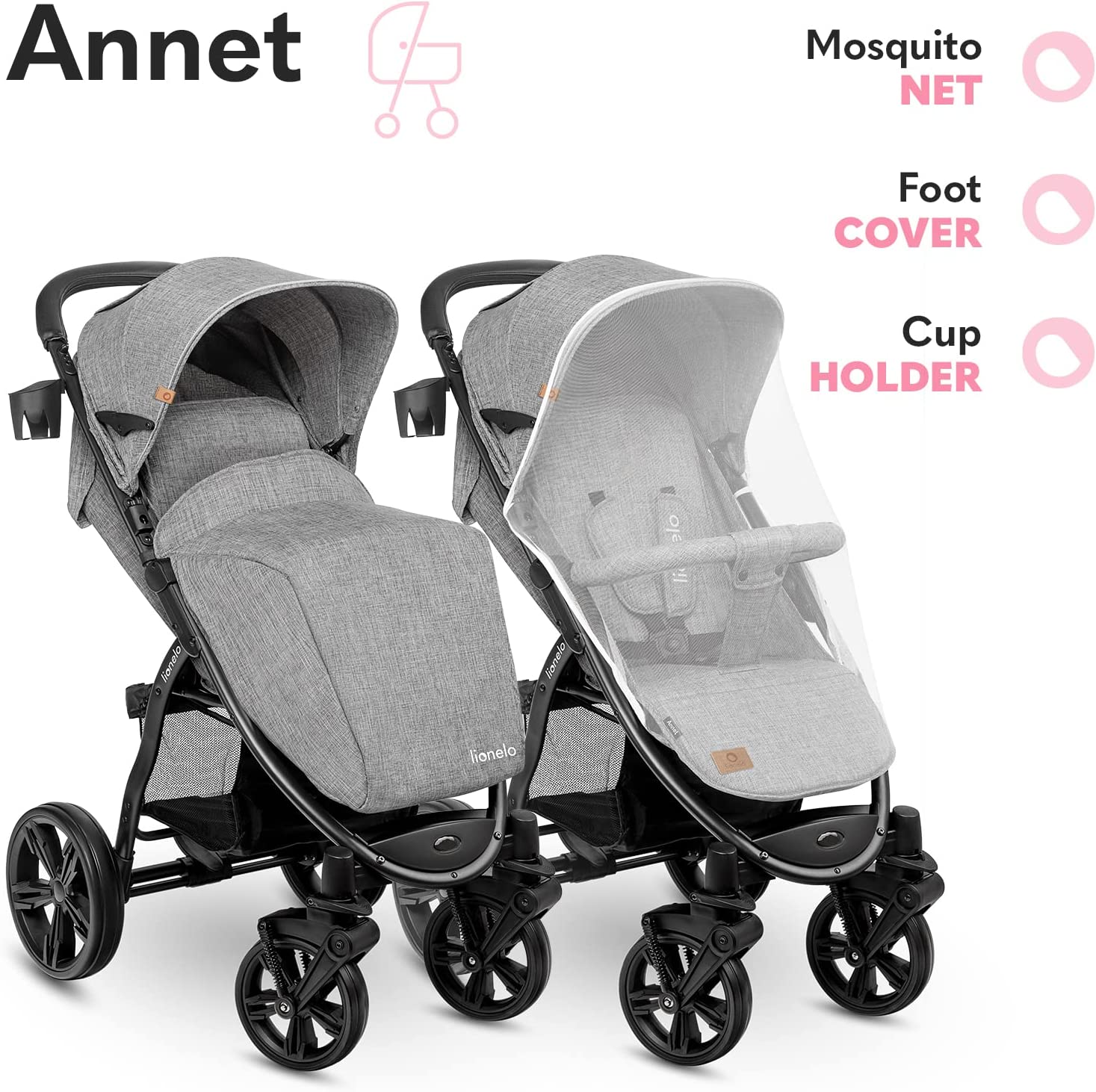 Lionelo Annet Poussette Bébé à 22 kg, Auvent Avec Fenêtre, Roues EVA, Chancelière, Moustiquaire, Porte-Gobelet, Réglage Du Dossier Jusqu’à La Position Couchée